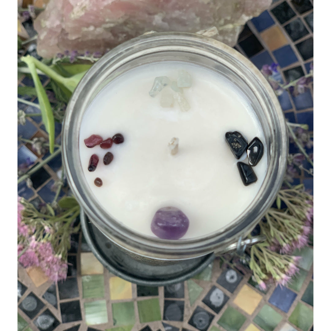 Archangel Saint Michael is crowned with Amethyst. Aquamarine, Black Tourmaline and Garnet.