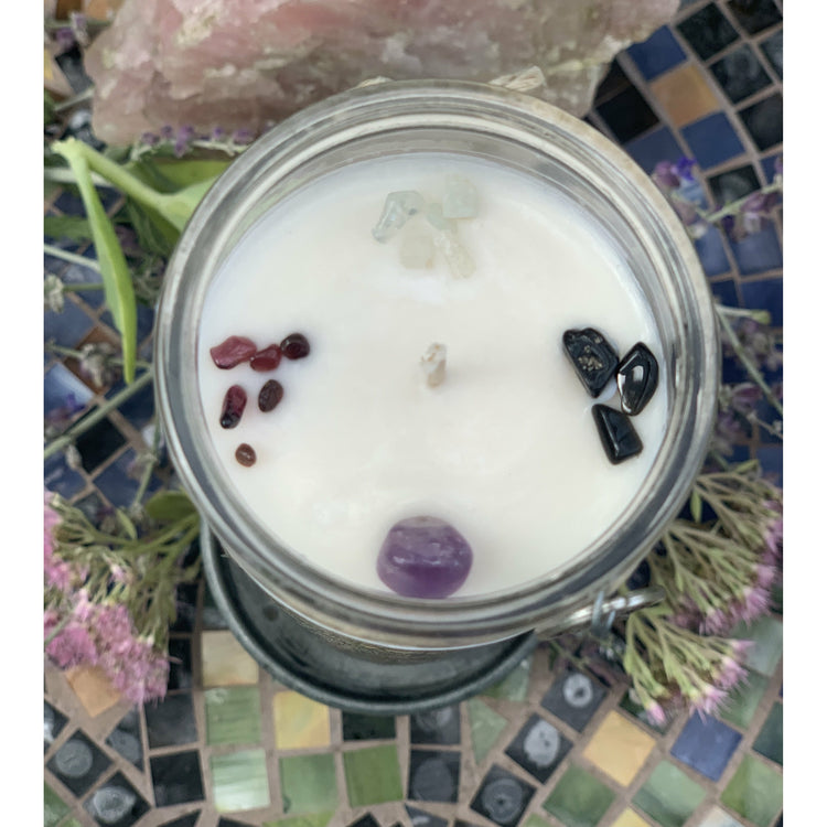 Archangel Saint Michael is crowned with Amethyst. Aquamarine, Black Tourmaline and Garnet.