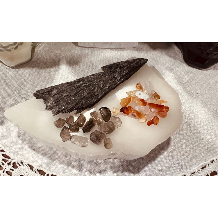 Black Kyanite, Carnelian and Smokey Quartz crown our Cranium Candles