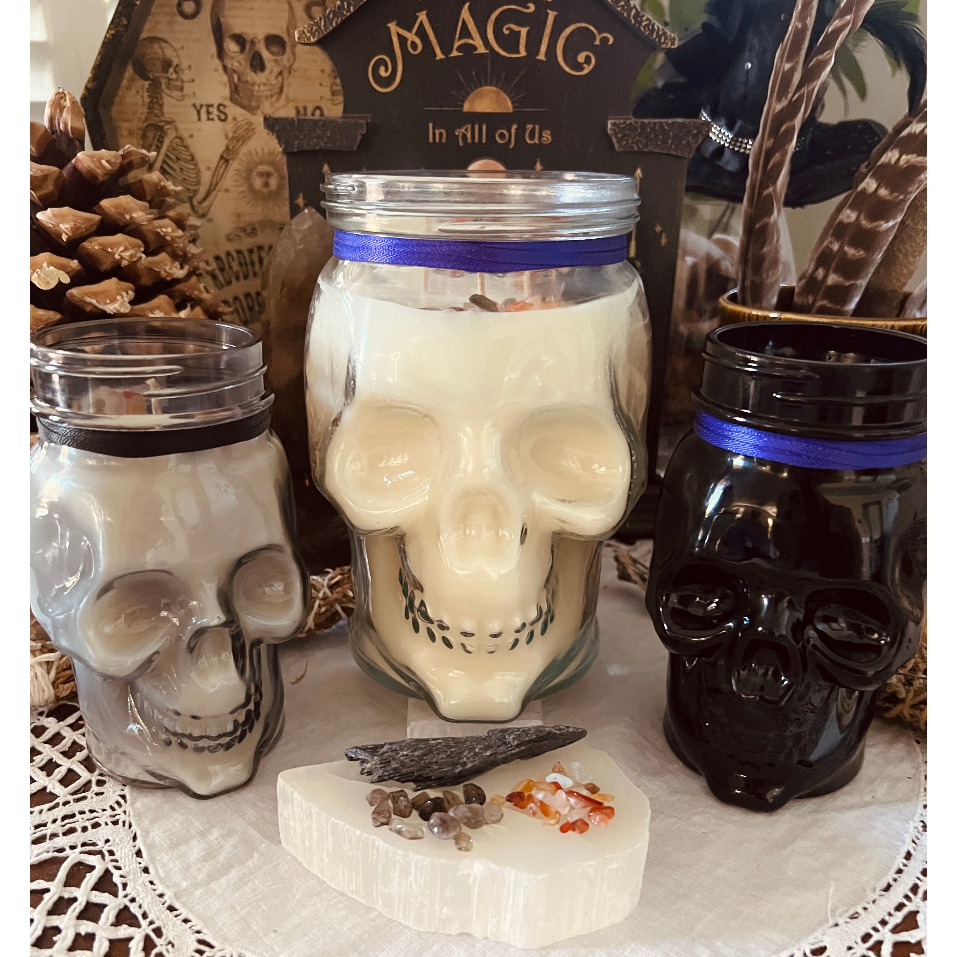 Pictured here is our grey 16 oz, a clear 36 oz and a black 16 oz Cranium Candle/Mason jar