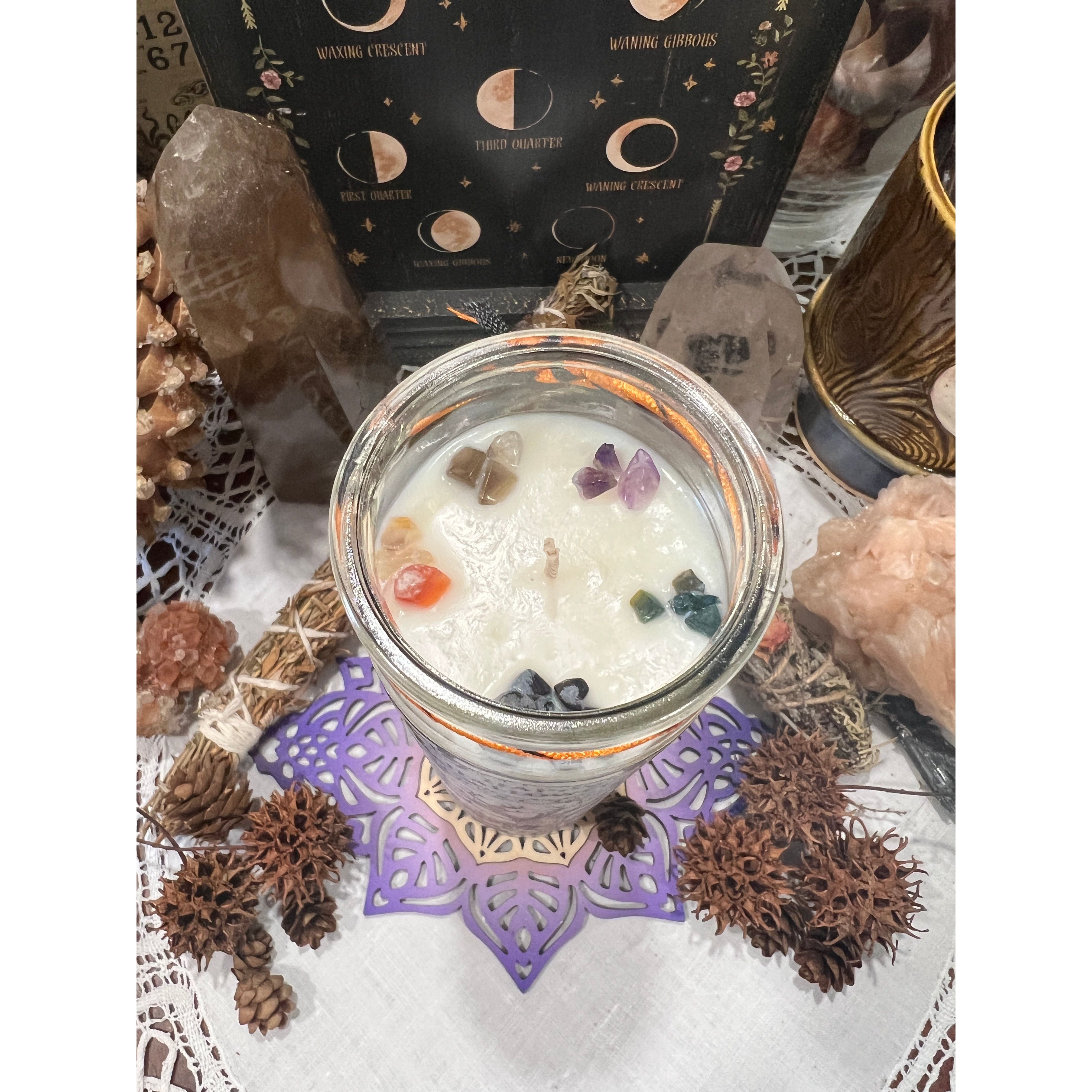 Your Happy Halloween Prayer Jar will arrive with crystals intuitively chosen just for you! #halloweencandle