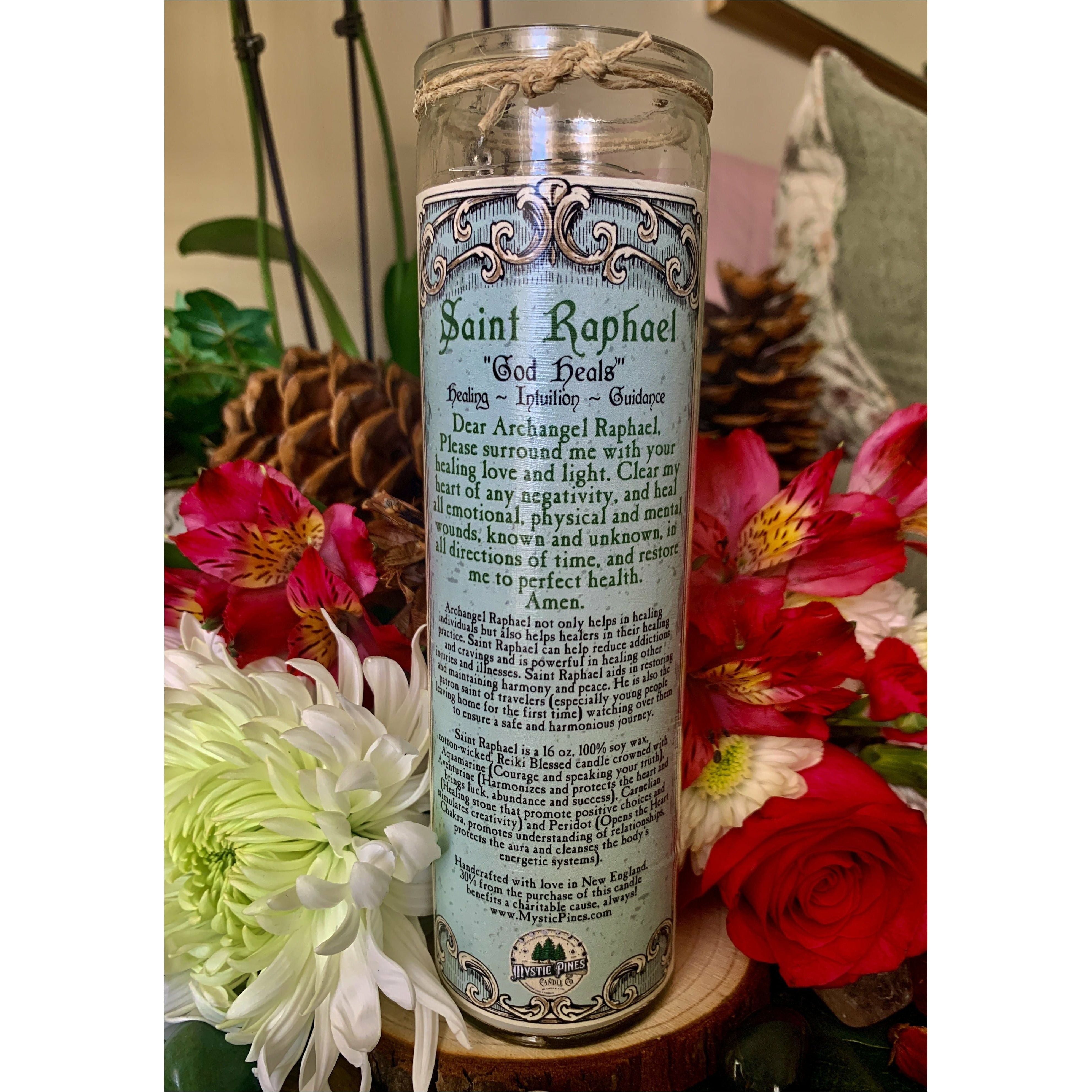 A prayer for healing will be found on the reverse side of our Archangel Saint Raphael candle.