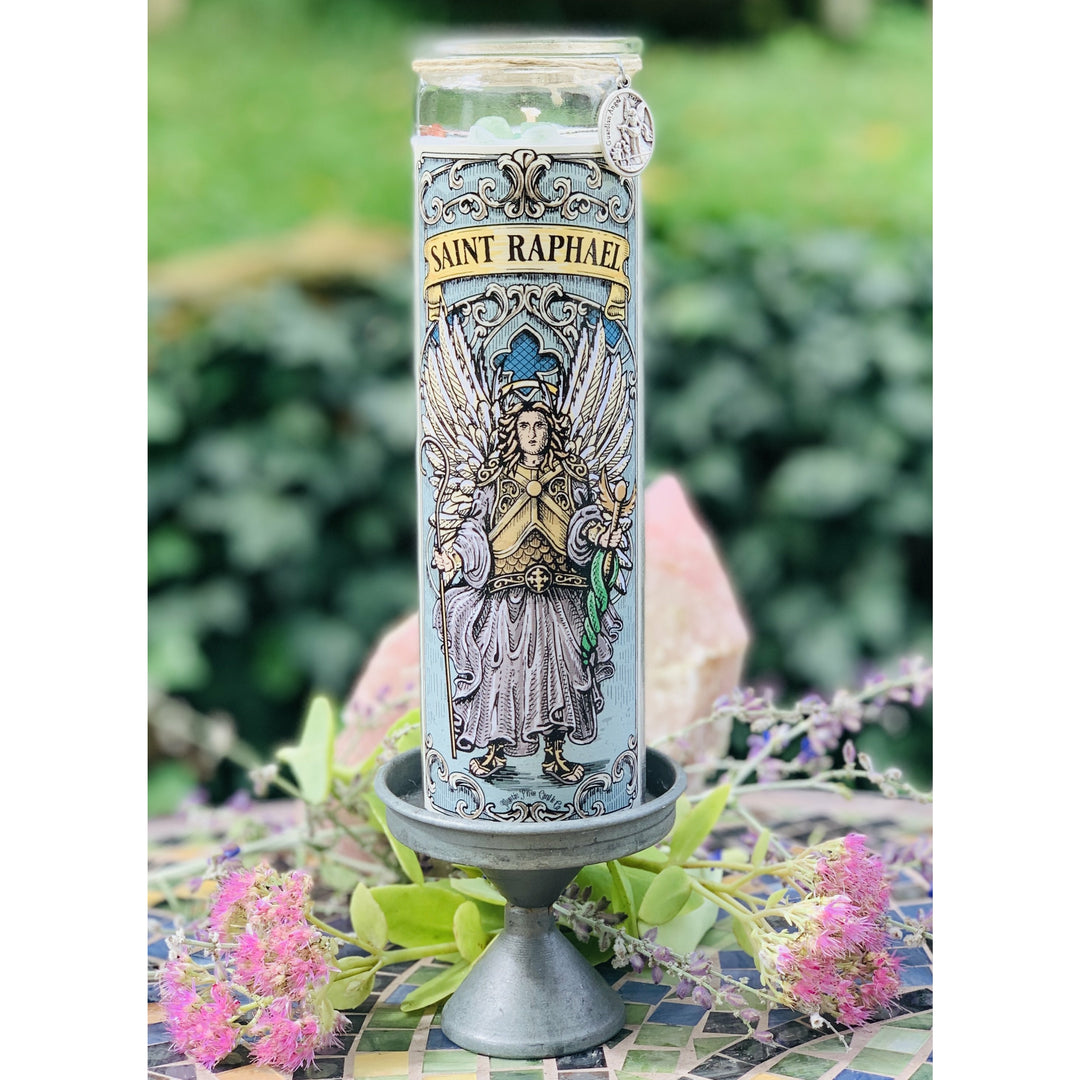 Our Archangel Saint Raphael 16 oz candle.