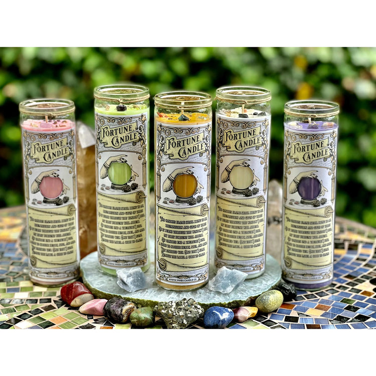 Mystic Pines Fortune Candles are available in 6 varieties - Abundance, Health, Intuition, Love, Purify & Protect and Surprise Me!